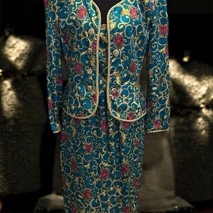 Vintage Adrianna Papell Teal and Gold Silk Fabric Gorgeous Size 8